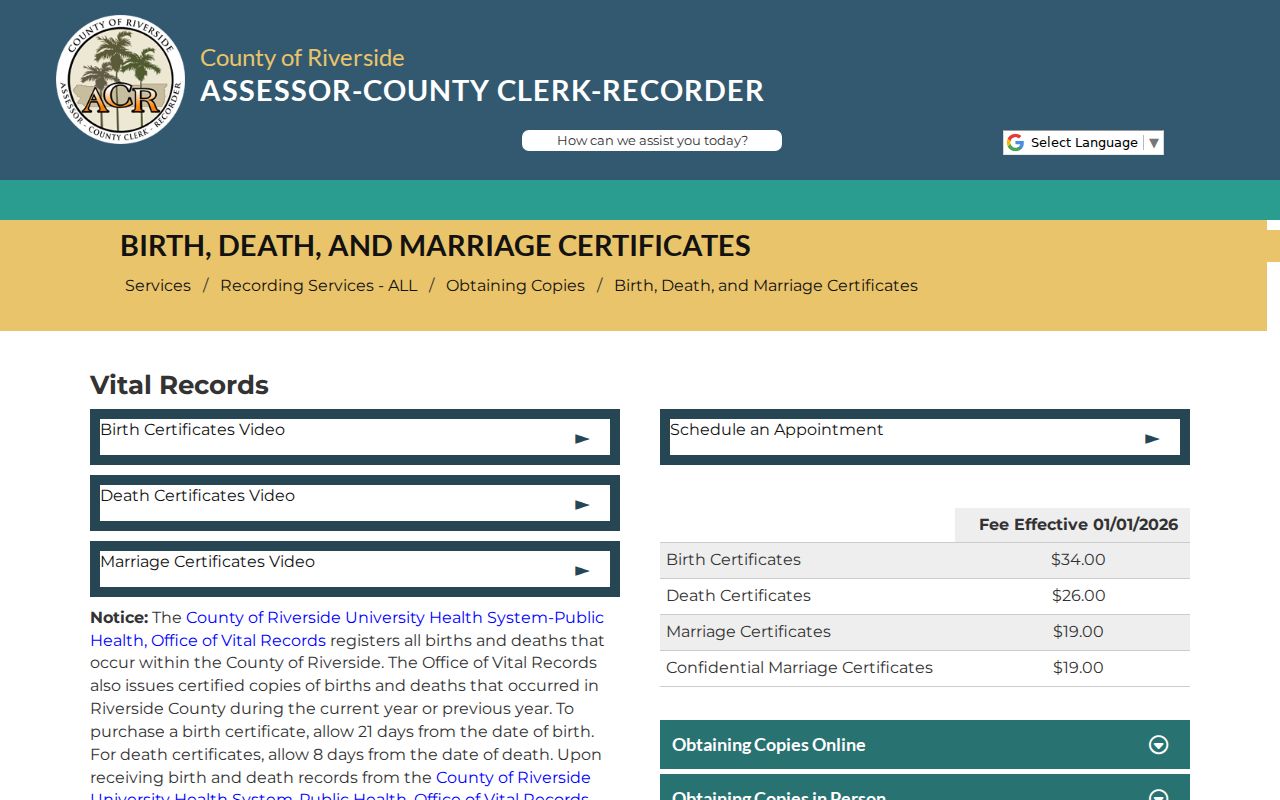 Palm Desert public records certificate application options