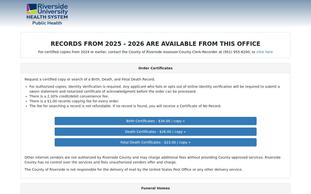 Palm Desert public records order screen in Riverside eVitals