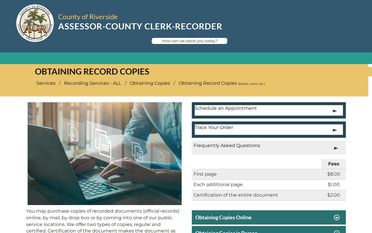 Palm Desert public records copy channels and official fees